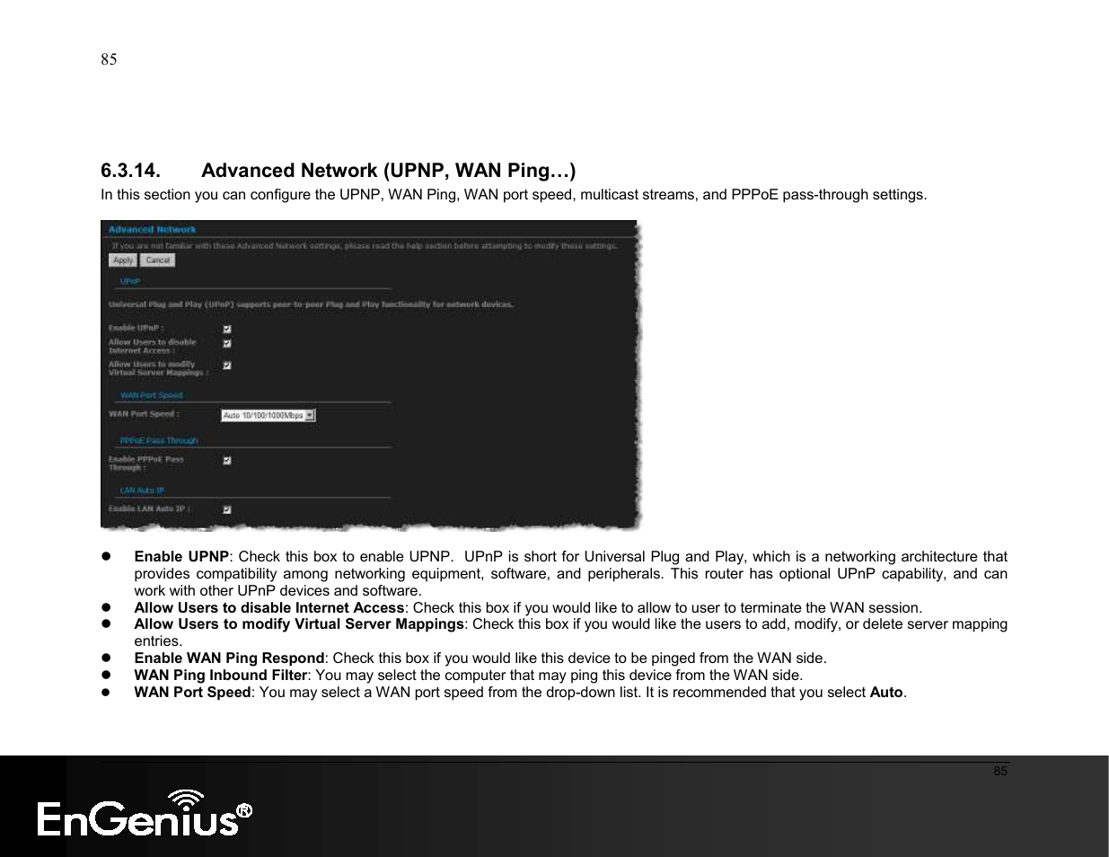 Advanced network (upnp, wan ping…) | EnGenius Technologies ESR9855G User Manual | Page 85 / 126