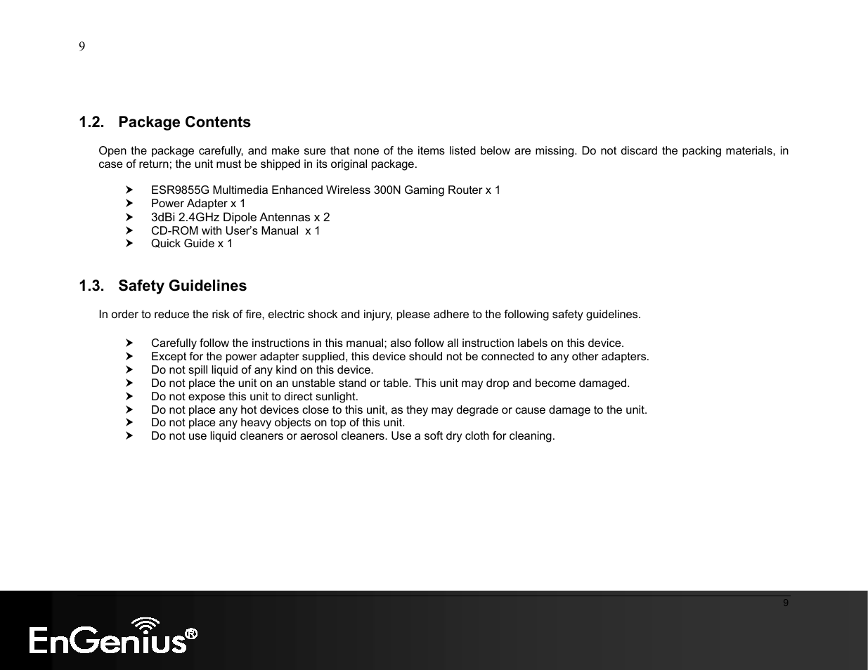 Package contents, Safety guidelines | EnGenius Technologies ESR9855G User Manual | Page 9 / 126