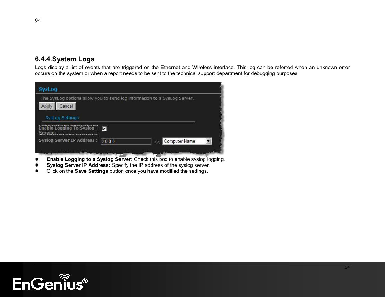 System logs | EnGenius Technologies ESR9855G User Manual | Page 94 / 126