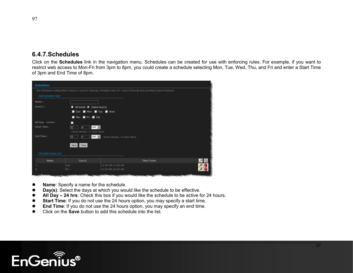 Schedules | EnGenius Technologies ESR9855G User Manual | Page 97 / 126