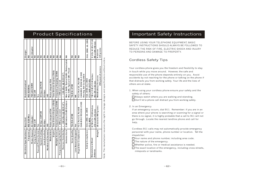 Product specifications, Important safety instructions, Cordless safety tips | EnGenius Technologies SN-920 User Manual | Page 34 / 39