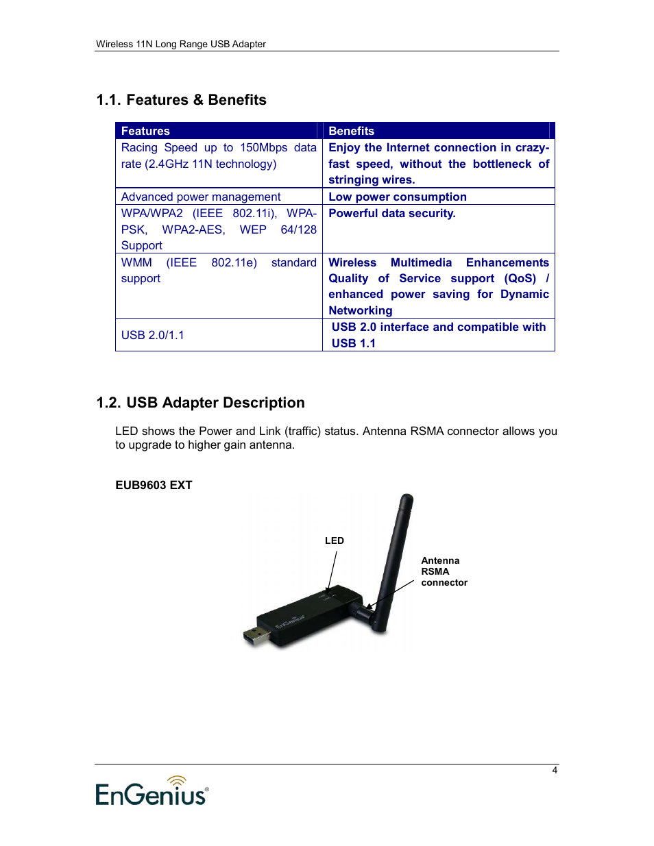 Features & benefits, Usb adapter description | EnGenius Technologies 11N User Manual | Page 4 / 43