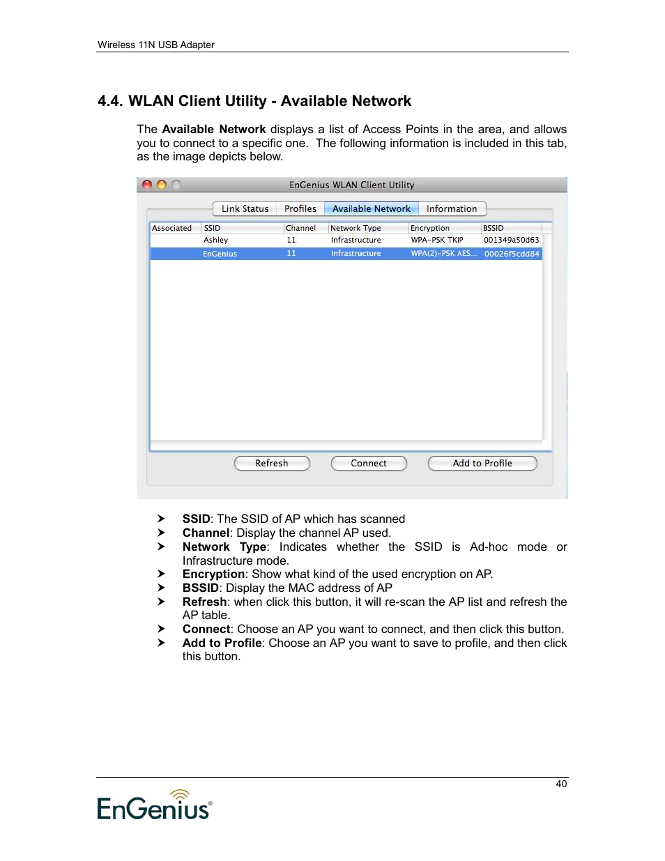 Wlan client utility - available network | EnGenius Technologies 11N User Manual | Page 40 / 43