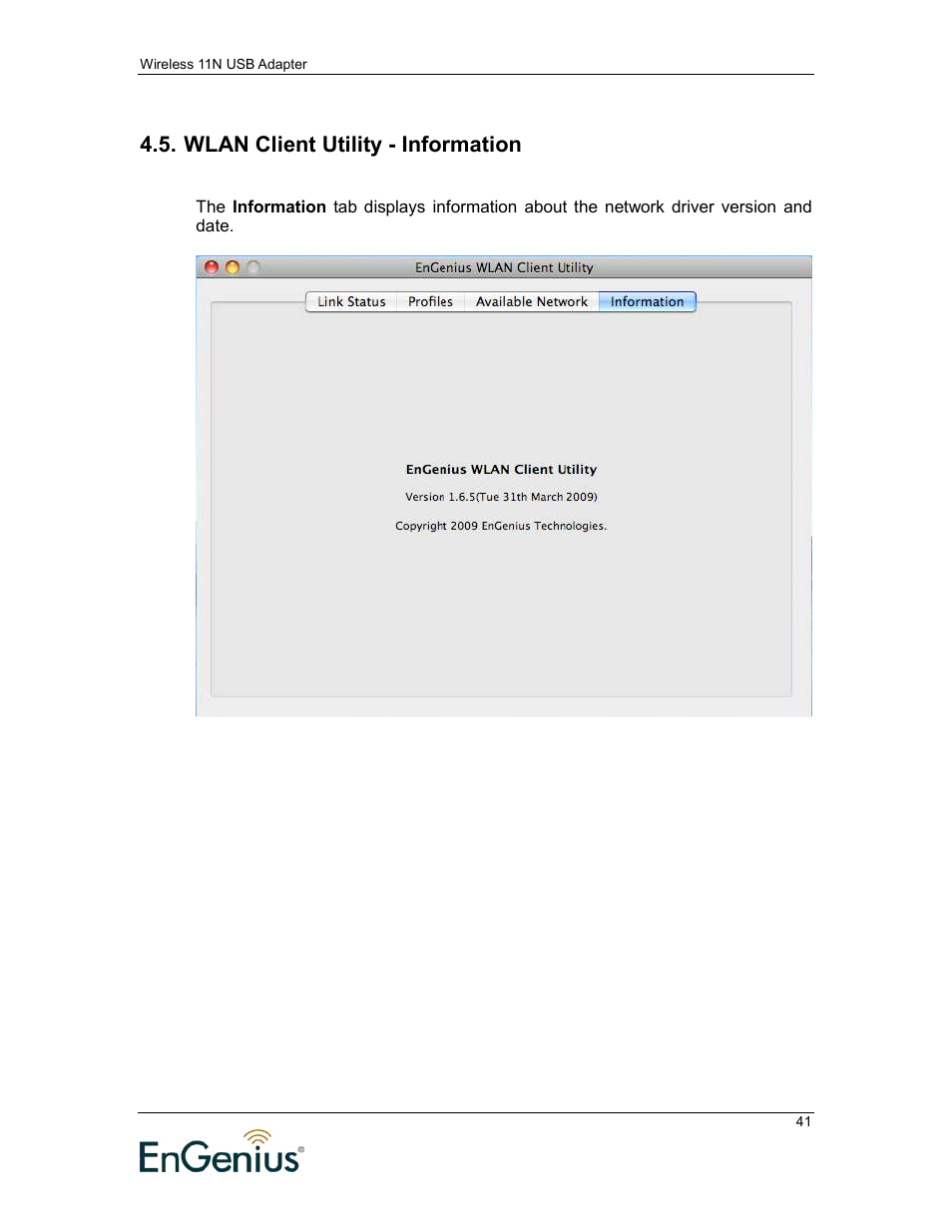 Wlan client utility - information | EnGenius Technologies 11N User Manual | Page 41 / 43