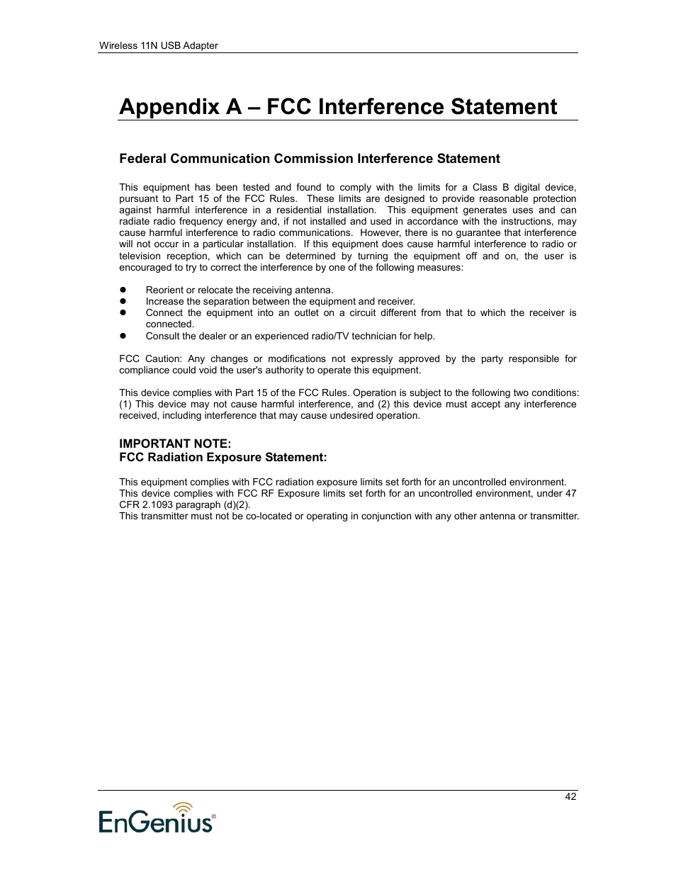 Appendix a – fcc interference statement | EnGenius Technologies 11N User Manual | Page 42 / 43