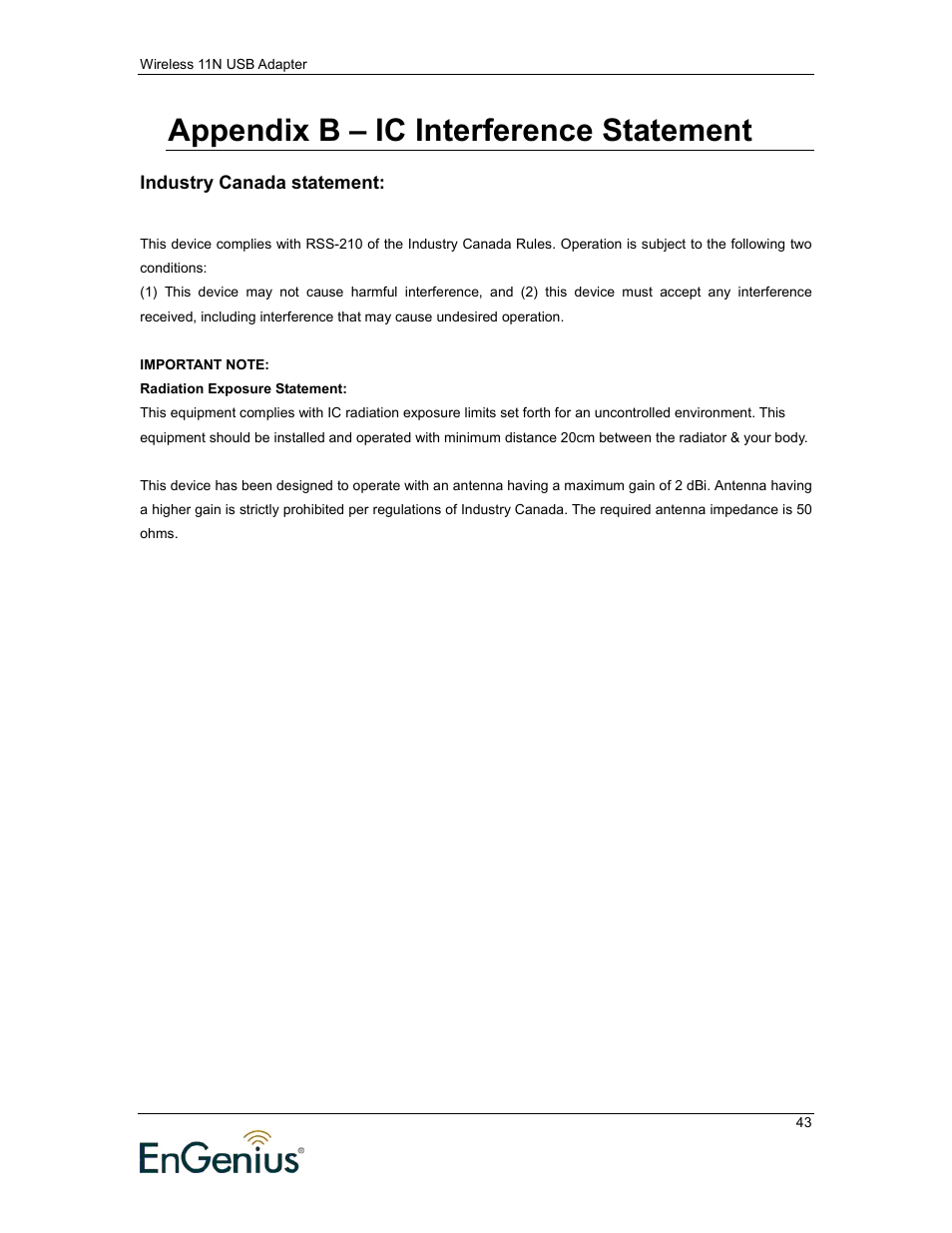 Appendix b – ic interference statement | EnGenius Technologies 11N User Manual | Page 43 / 43