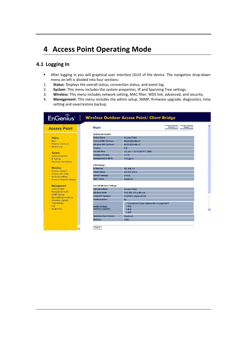 4 access point operating mode, Logging in | EnGenius Technologies EOC2611P User Manual | Page 13 / 89