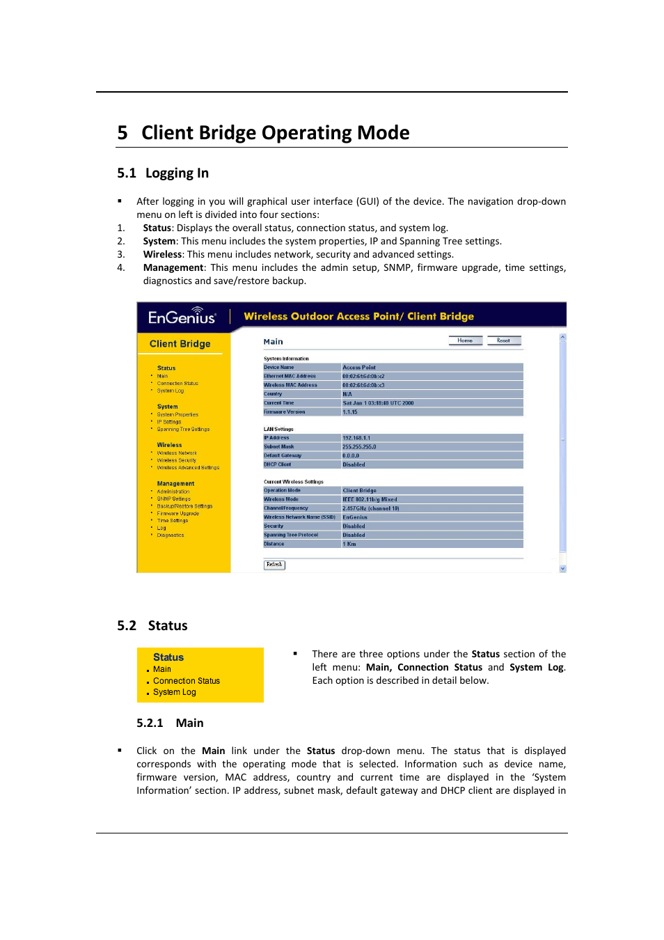 5 client bridge operating mode, Logging in, Status | EnGenius Technologies EOC2611P User Manual | Page 33 / 89