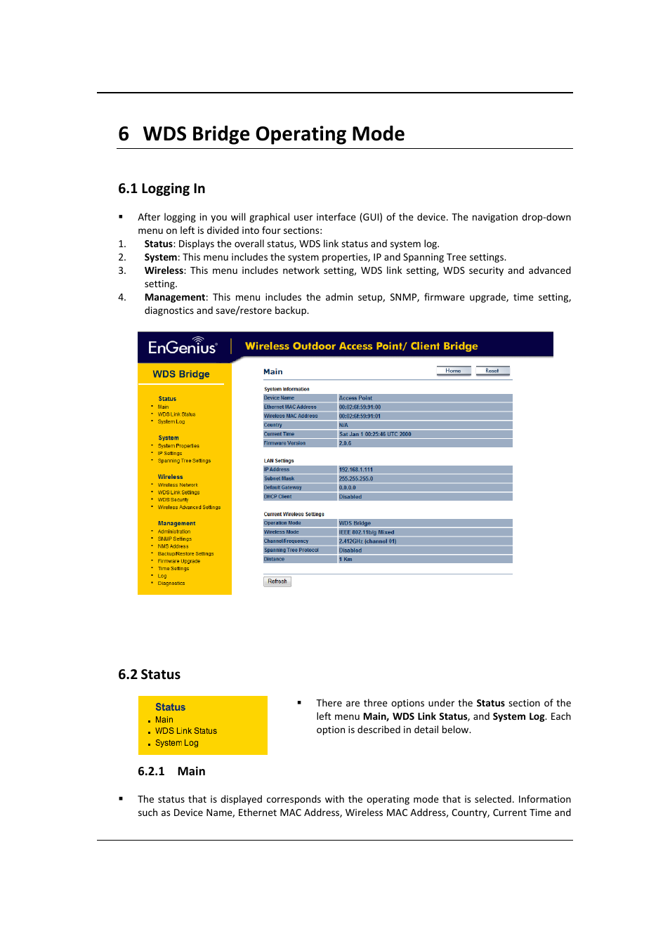 6 wds bridge operating mode, 1 logging in, Status | EnGenius Technologies EOC2611P User Manual | Page 51 / 89