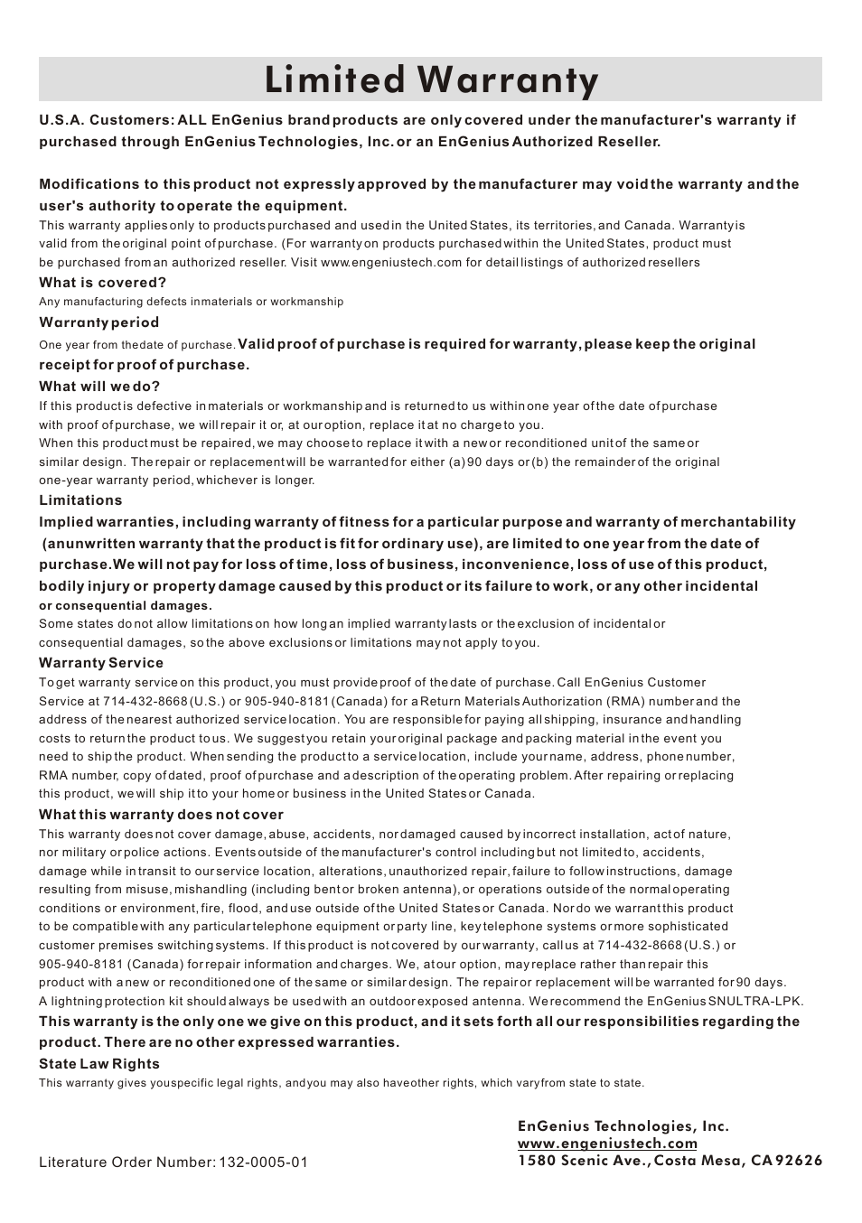 Limited warranty | EnGenius Technologies SN-ULTRA-AS User Manual | Page 2 / 2