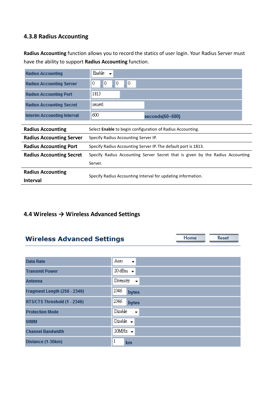 8 radius accounting, 4 wireless → wireless advanced settings | EnGenius Technologies EOC5611P User Manual | Page 27 / 69