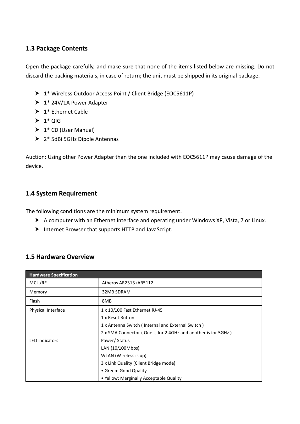 3 package contents, 4 system requirement, 5 hardware overview | EnGenius Technologies EOC5611P User Manual | Page 7 / 69