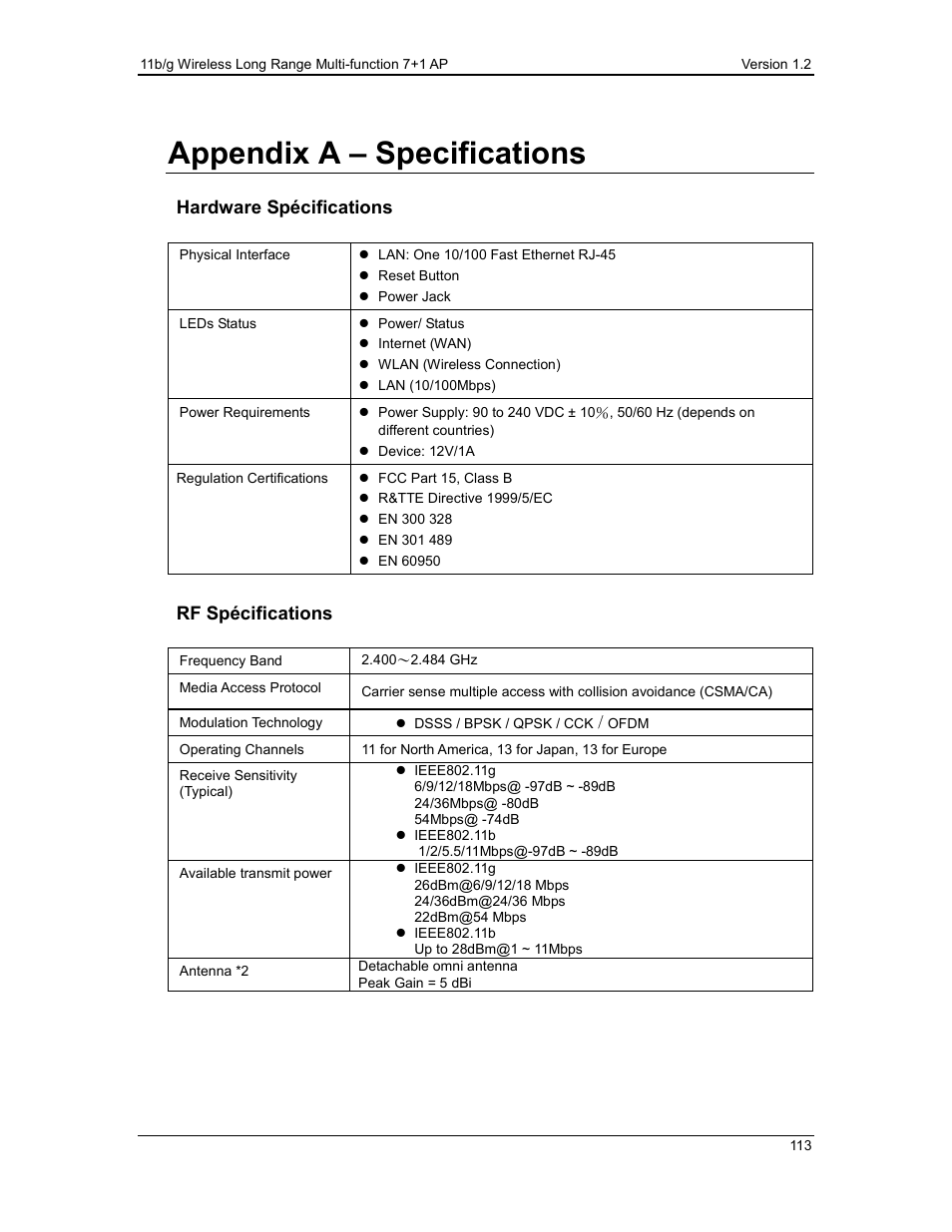 Appendix a – specifications | EnGenius Technologies ECB3500 User Manual | Page 113 / 117