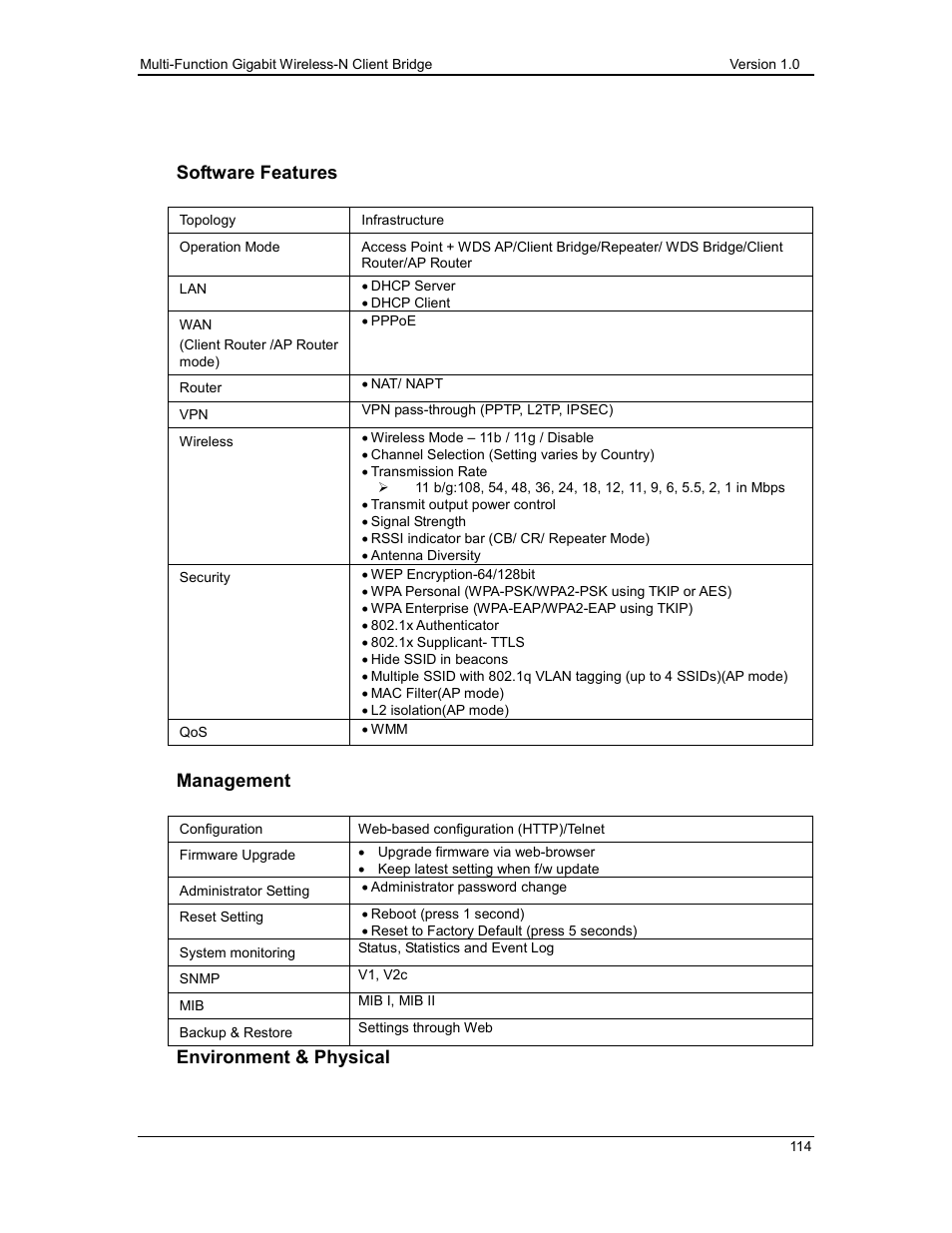 Software features, Management, Environment & physical | EnGenius Technologies ECB3500 User Manual | Page 114 / 117