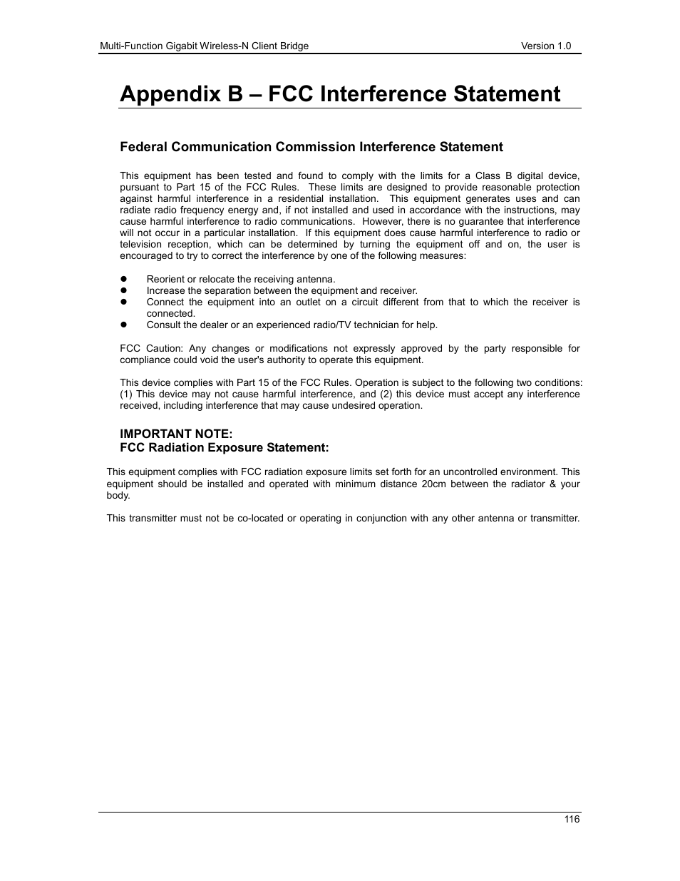 Appendix b – fcc interference statement | EnGenius Technologies ECB3500 User Manual | Page 116 / 117