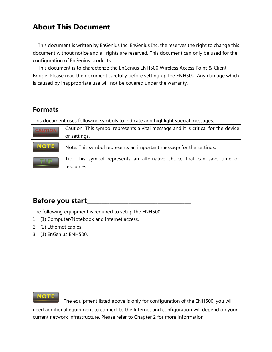 About this document, Before you start, Formats | EnGenius Technologies ENH500 User Manual | Page 5 / 88