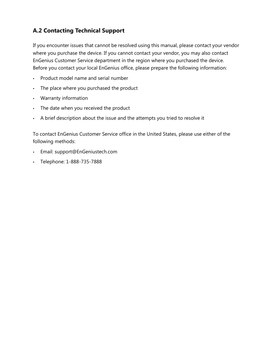 A.2 contacting technical support | EnGenius Technologies ENH500 User Manual | Page 76 / 88