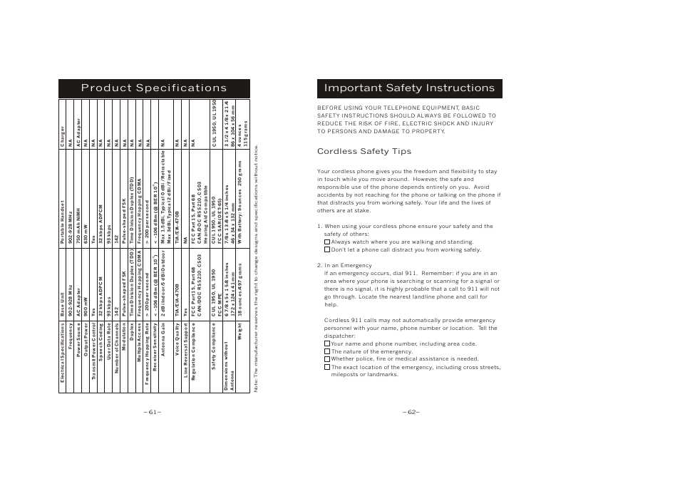 Product specifications, Important safety instructions, Cordless safety tips | EnGenius Technologies SN-920 ULTRA User Manual | Page 34 / 37