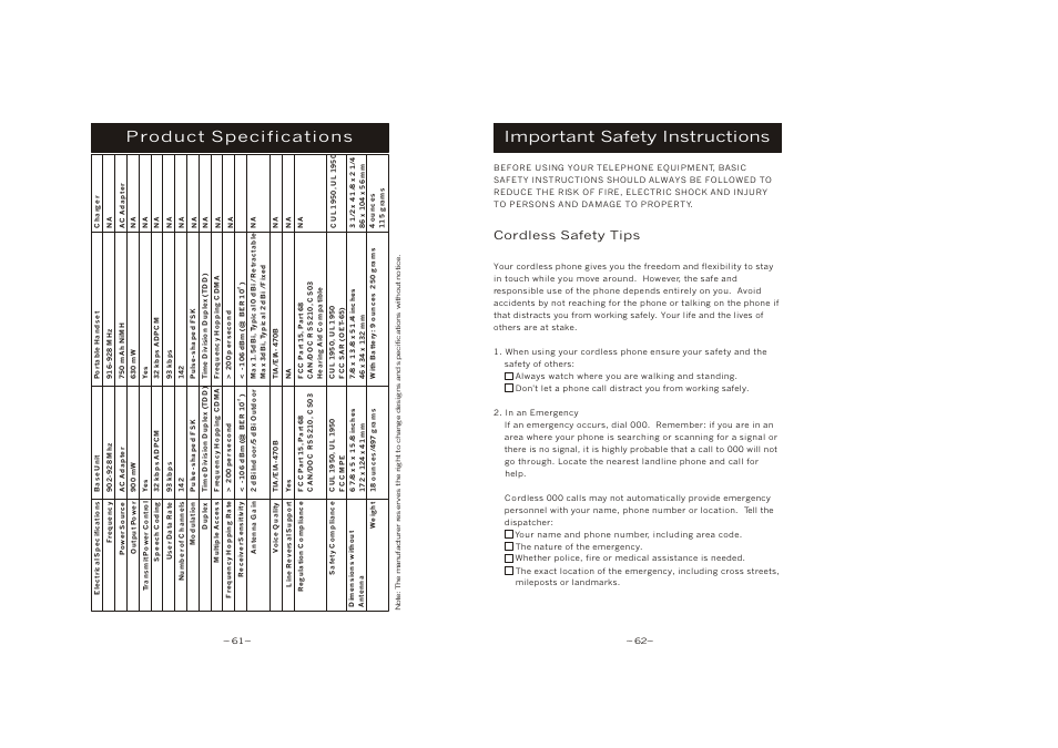 Product specifications, Safety instruction, Important safety instructions | Cordless safety tips | EnGenius Technologies SN-920 User Manual | Page 34 / 37