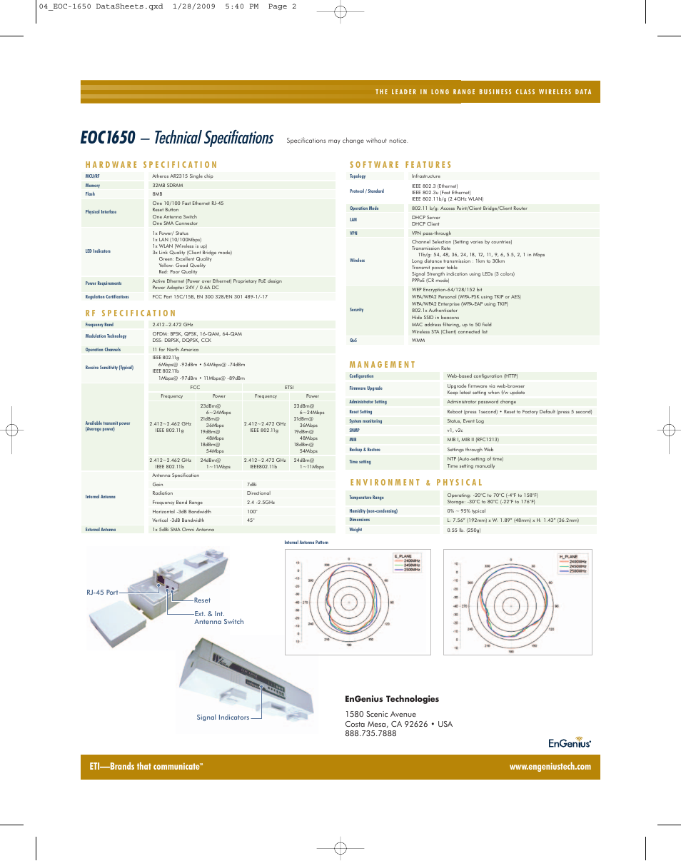 Eoc1650 – technical specifications, Eti—brands that communicate | EnGenius Technologies EOC-1650 User Manual | Page 2 / 2