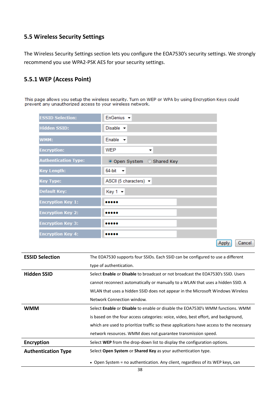 5 wireless security settings, 1 wep (access point), Ireless | Ecurity, Ettings | EnGenius Technologies EOA7530 User Manual | Page 39 / 84