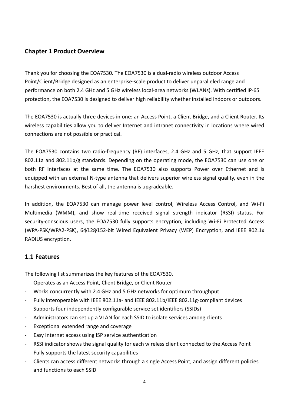 Chapter 1 product overview, 1 features, Eatures | EnGenius Technologies EOA7530 User Manual | Page 5 / 84