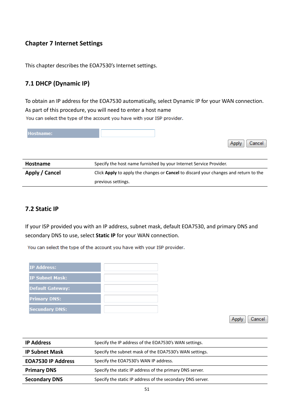 Chapter 7 internet settings, 1 dhcp (dynamic ip), 2 static ip | Dhcp, Ynamic, Tatic | EnGenius Technologies EOA7530 User Manual | Page 52 / 84