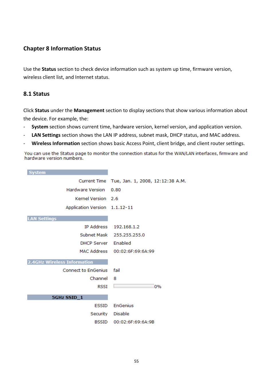 Chapter 8 information status, 1 status, Tatus | EnGenius Technologies EOA7530 User Manual | Page 56 / 84