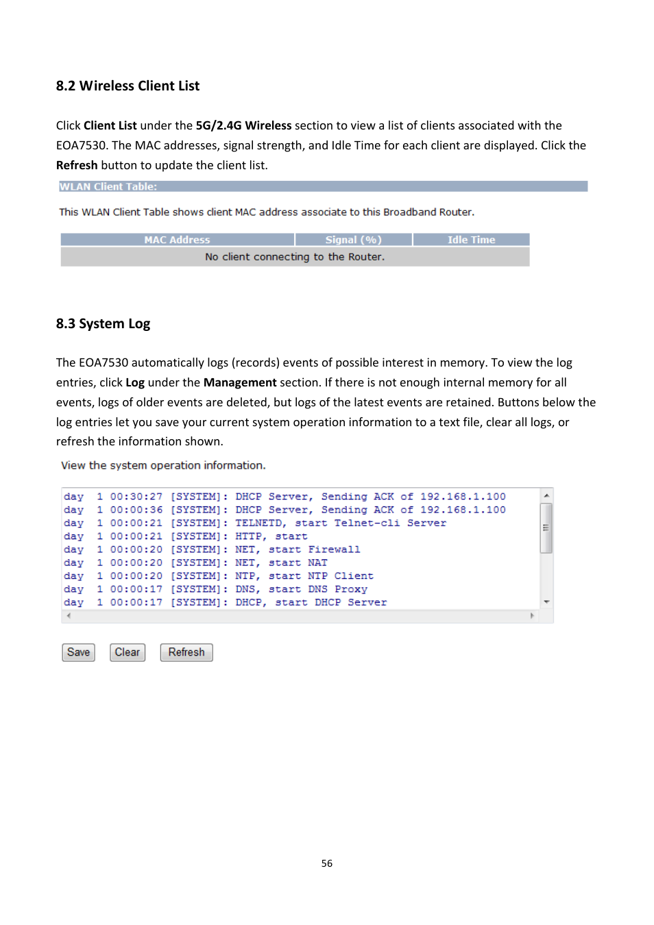 2 wireless client list, 3 system log, Ireless | Lient, Ystem | EnGenius Technologies EOA7530 User Manual | Page 57 / 84