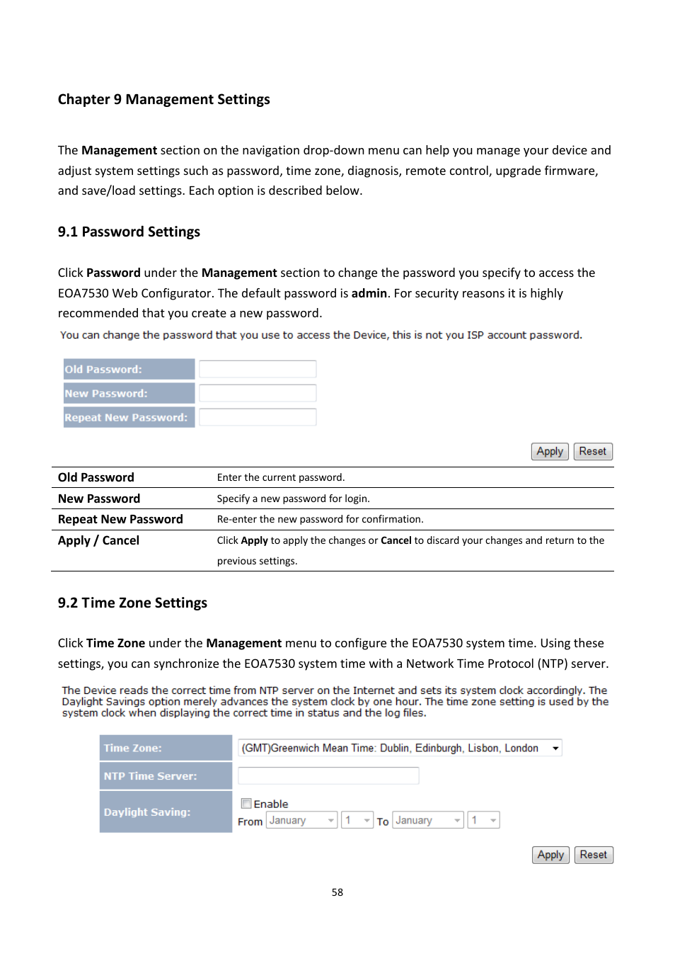 Chapter 9 management settings, 1 password settings, 2 time zone settings | Assword, Ettings | EnGenius Technologies EOA7530 User Manual | Page 59 / 84