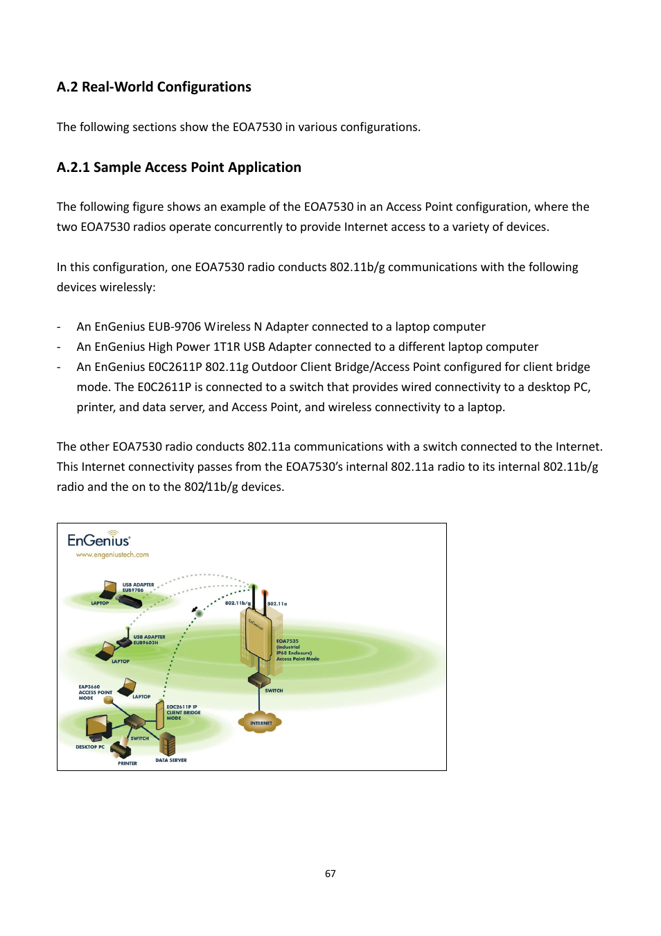 A.2 real-world configurations, A.2.1 sample access point application, Orld | Onfigurations, A.2.1, Ample, Ccess, Oint, Pplication | EnGenius Technologies EOA7530 User Manual | Page 68 / 84