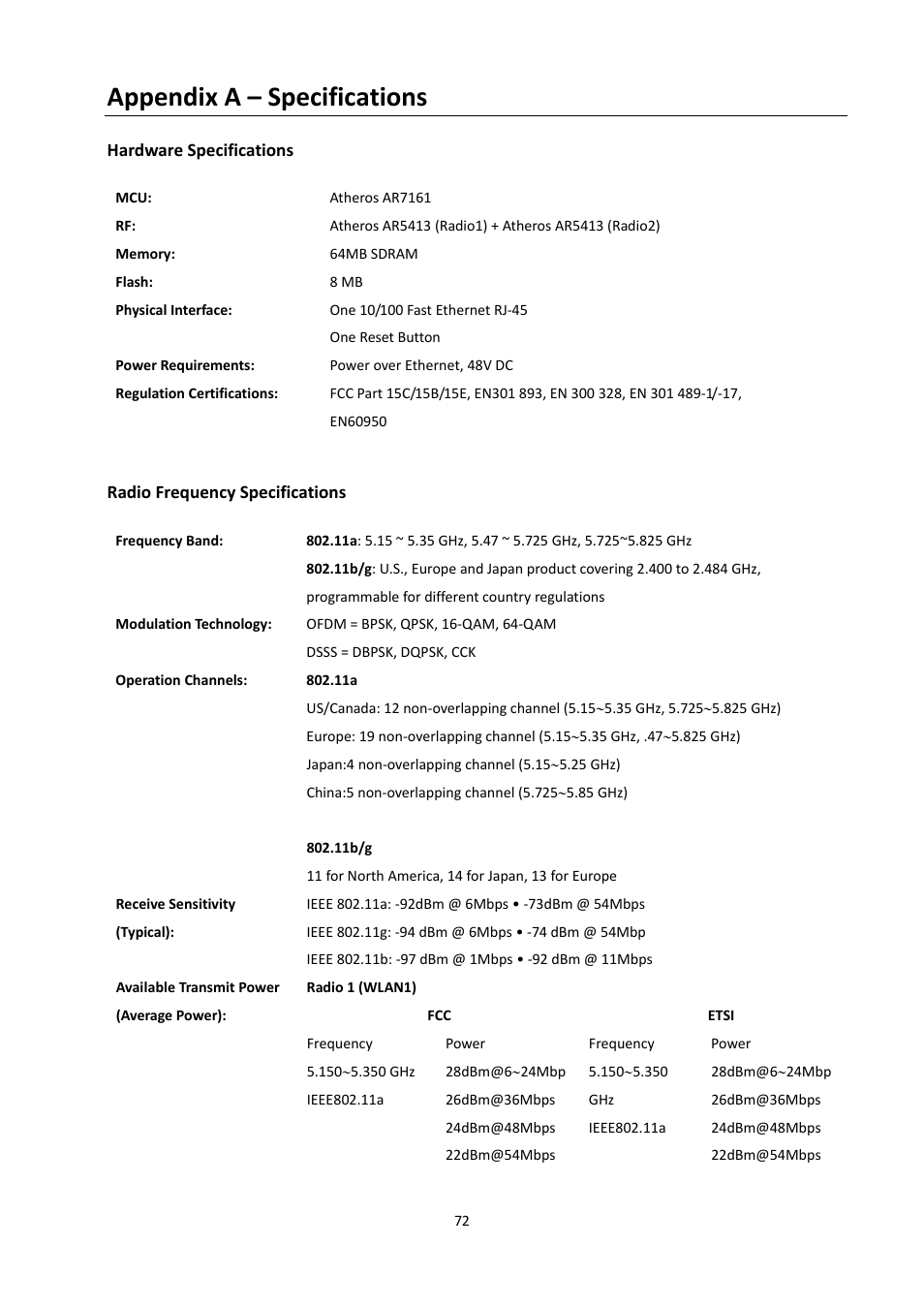 Appendix a – specifications | EnGenius Technologies EOA7530 User Manual | Page 73 / 84
