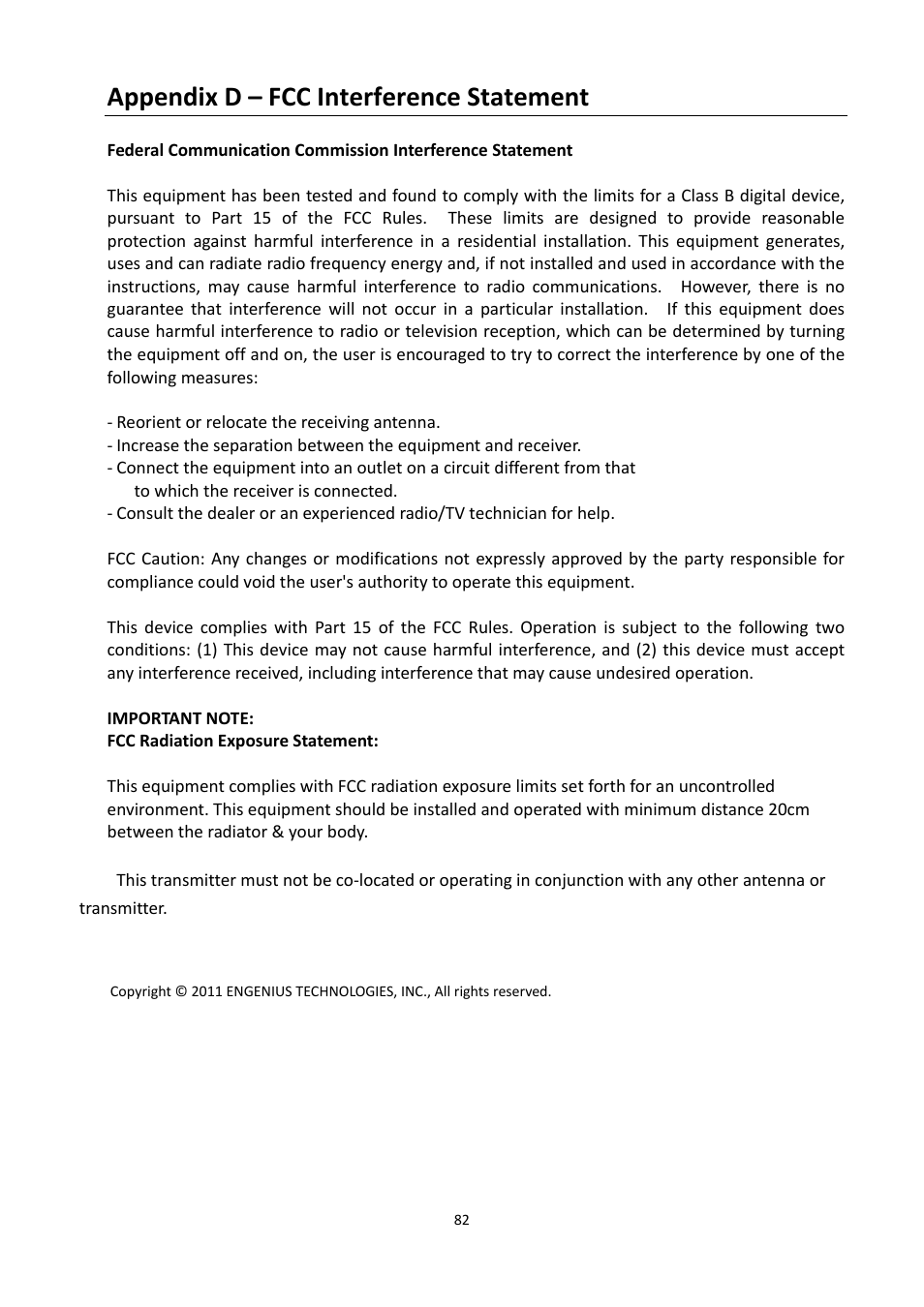 Appendix d – fcc interference statement | EnGenius Technologies EOA7530 User Manual | Page 83 / 84