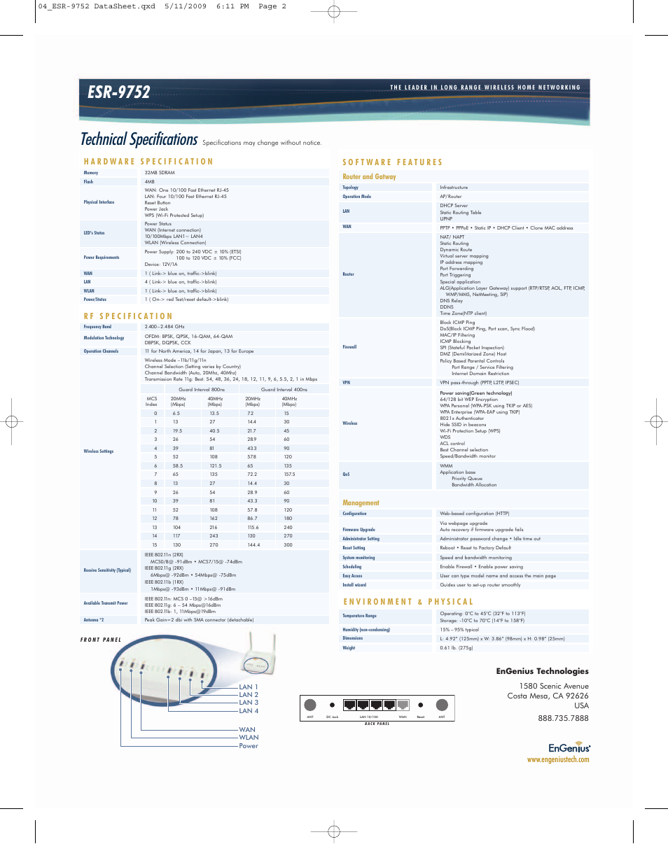 Esr-9752, Technical specifications, Router and gatway | Management | EnGenius Technologies ESR-9752 User Manual | Page 2 / 2