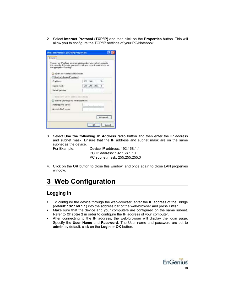 3 web configuration, Logging in | EnGenius Technologies EnGenius 11b/g Wireless SOHO Router 1.2 User Manual | Page 10 / 47