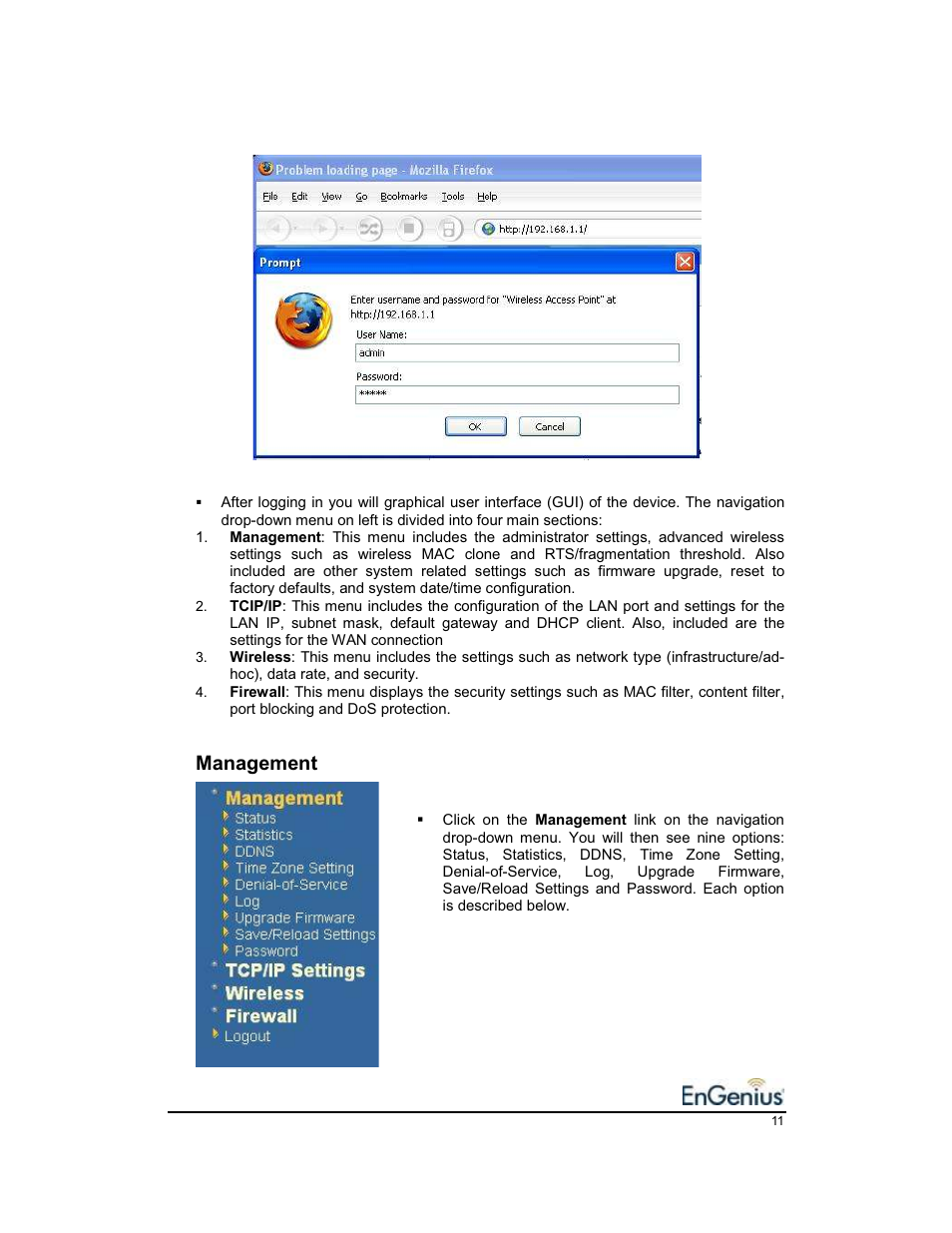 Management | EnGenius Technologies EnGenius 11b/g Wireless SOHO Router 1.2 User Manual | Page 11 / 47