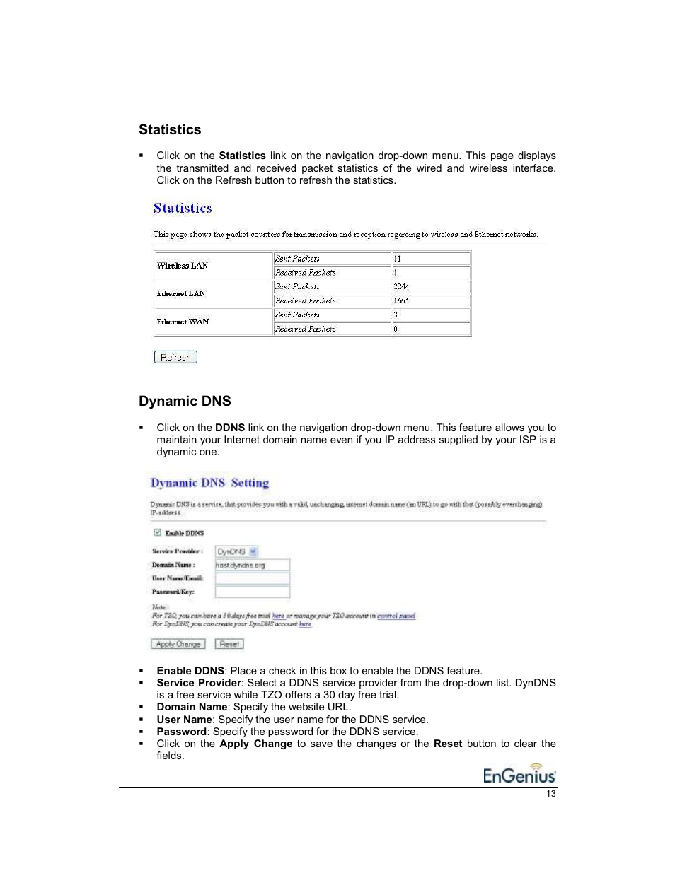 Statistics, Dynamic dns | EnGenius Technologies EnGenius 11b/g Wireless SOHO Router 1.2 User Manual | Page 13 / 47