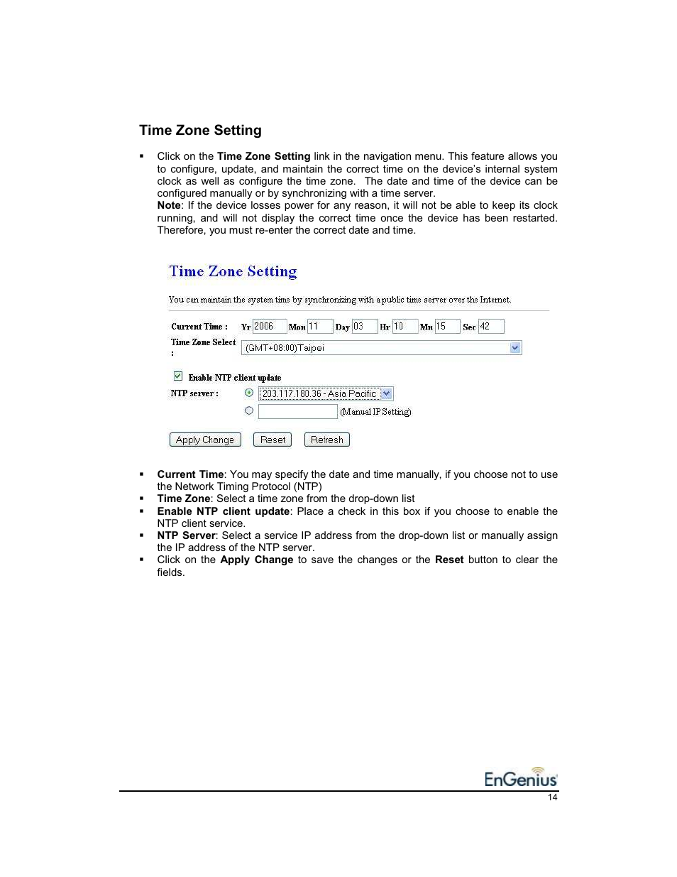 Time zone setting | EnGenius Technologies EnGenius 11b/g Wireless SOHO Router 1.2 User Manual | Page 14 / 47