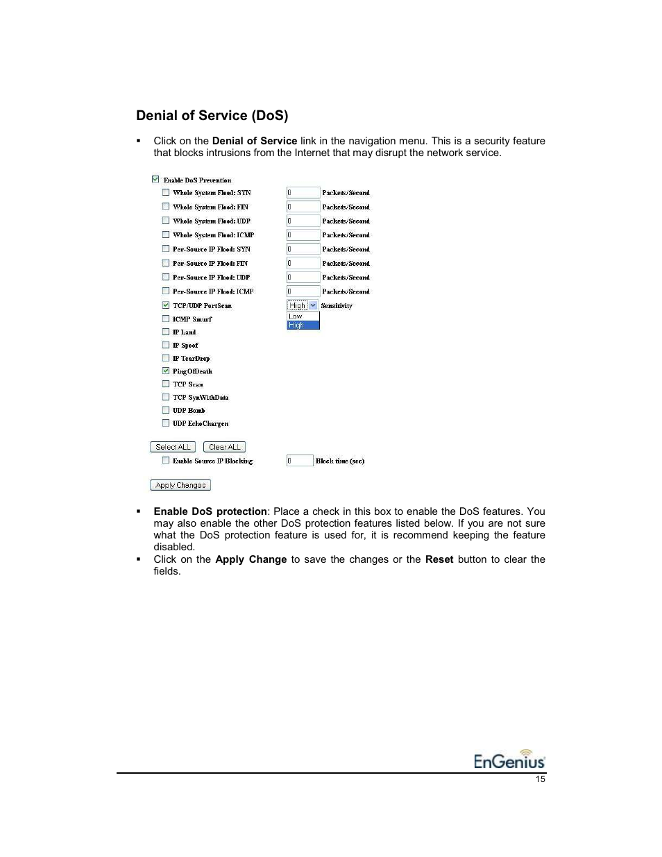 Denial of service (dos) | EnGenius Technologies EnGenius 11b/g Wireless SOHO Router 1.2 User Manual | Page 15 / 47