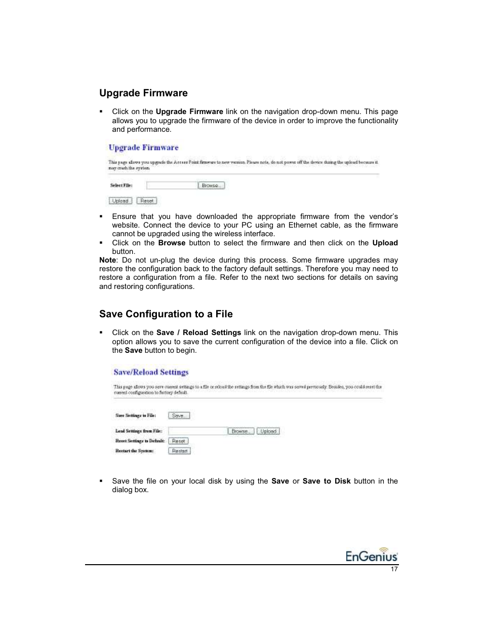 Upgrade firmware, Save configuration to a file | EnGenius Technologies EnGenius 11b/g Wireless SOHO Router 1.2 User Manual | Page 17 / 47
