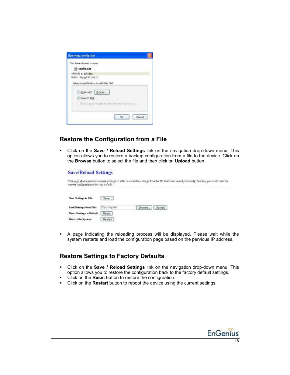 Restore the configuration from a file, Restore settings to factory defaults | EnGenius Technologies EnGenius 11b/g Wireless SOHO Router 1.2 User Manual | Page 18 / 47