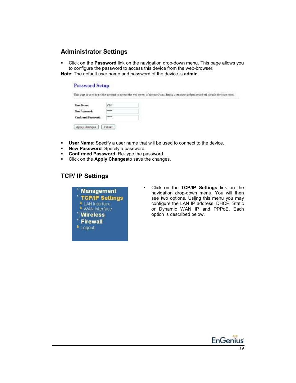 Administrator settings, Tcp/ ip settings | EnGenius Technologies EnGenius 11b/g Wireless SOHO Router 1.2 User Manual | Page 19 / 47