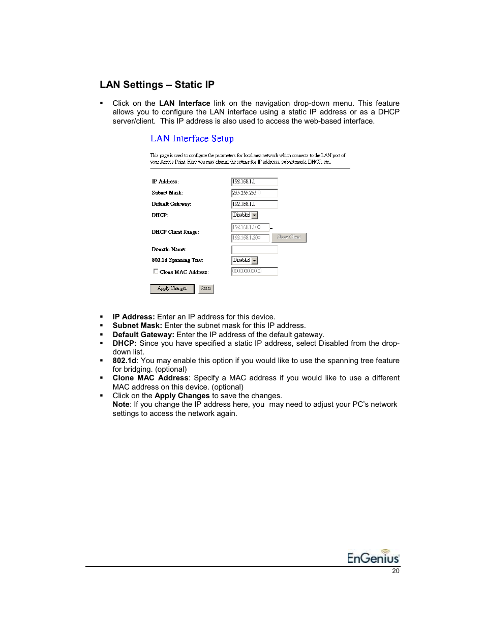 Lan settings – static ip | EnGenius Technologies EnGenius 11b/g Wireless SOHO Router 1.2 User Manual | Page 20 / 47