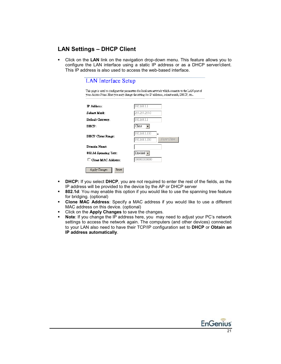 Lan settings – dhcp client | EnGenius Technologies EnGenius 11b/g Wireless SOHO Router 1.2 User Manual | Page 21 / 47