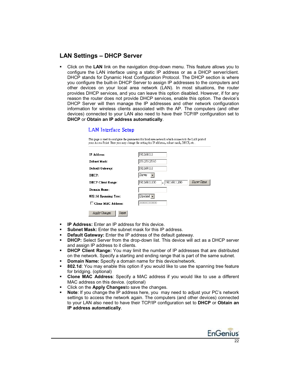 Lan settings – dhcp server | EnGenius Technologies EnGenius 11b/g Wireless SOHO Router 1.2 User Manual | Page 22 / 47