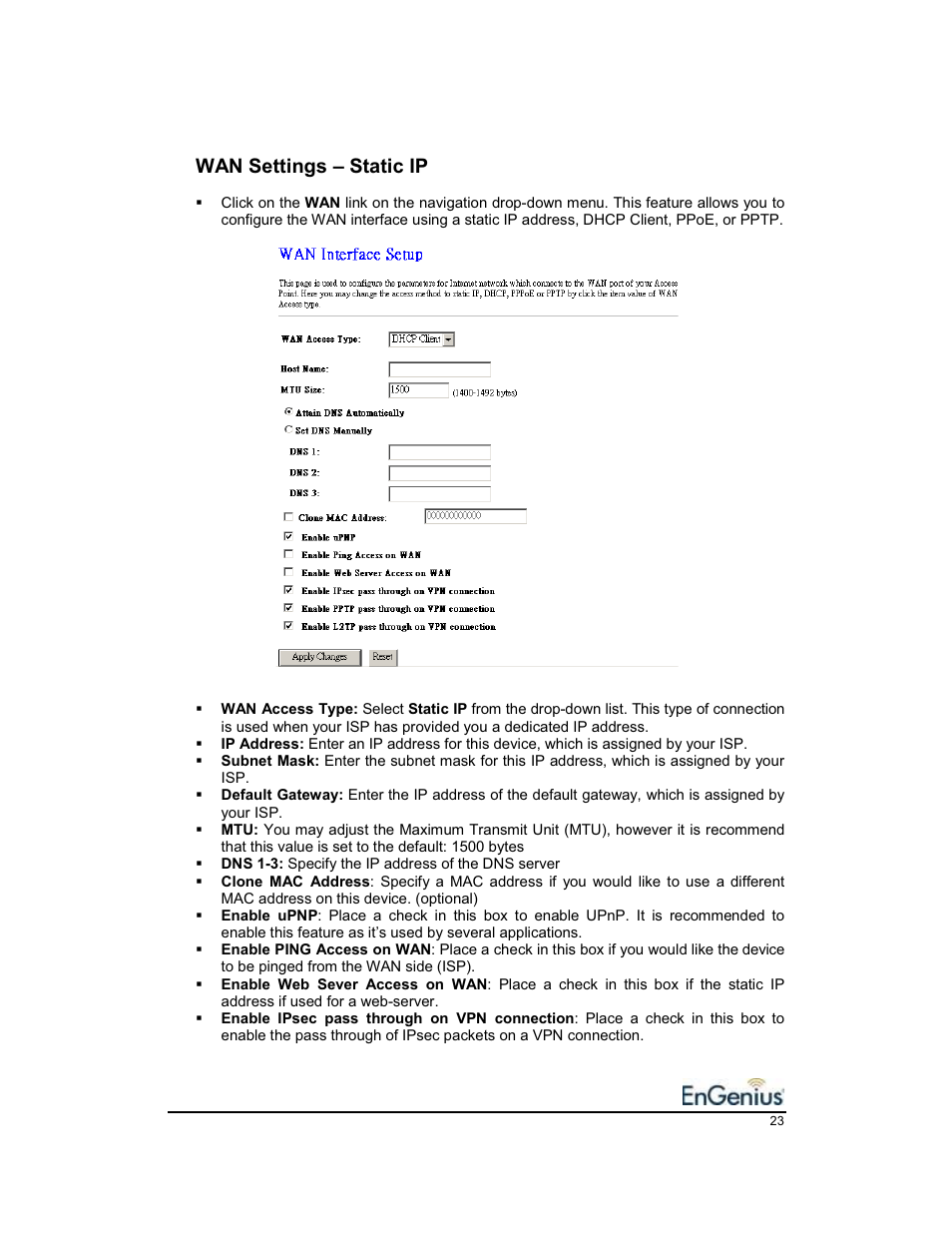 Wan settings – static ip | EnGenius Technologies EnGenius 11b/g Wireless SOHO Router 1.2 User Manual | Page 23 / 47