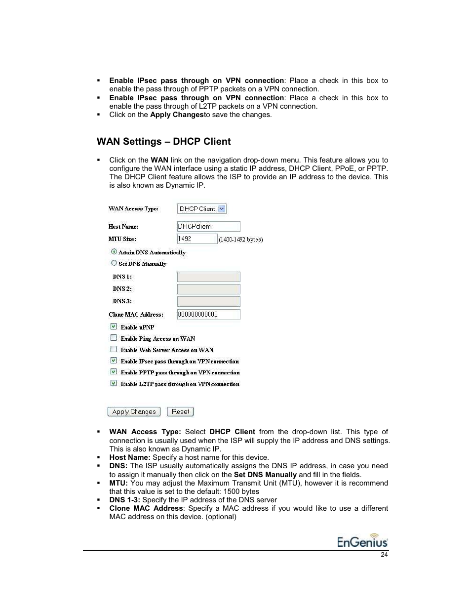 Wan settings – dhcp client | EnGenius Technologies EnGenius 11b/g Wireless SOHO Router 1.2 User Manual | Page 24 / 47