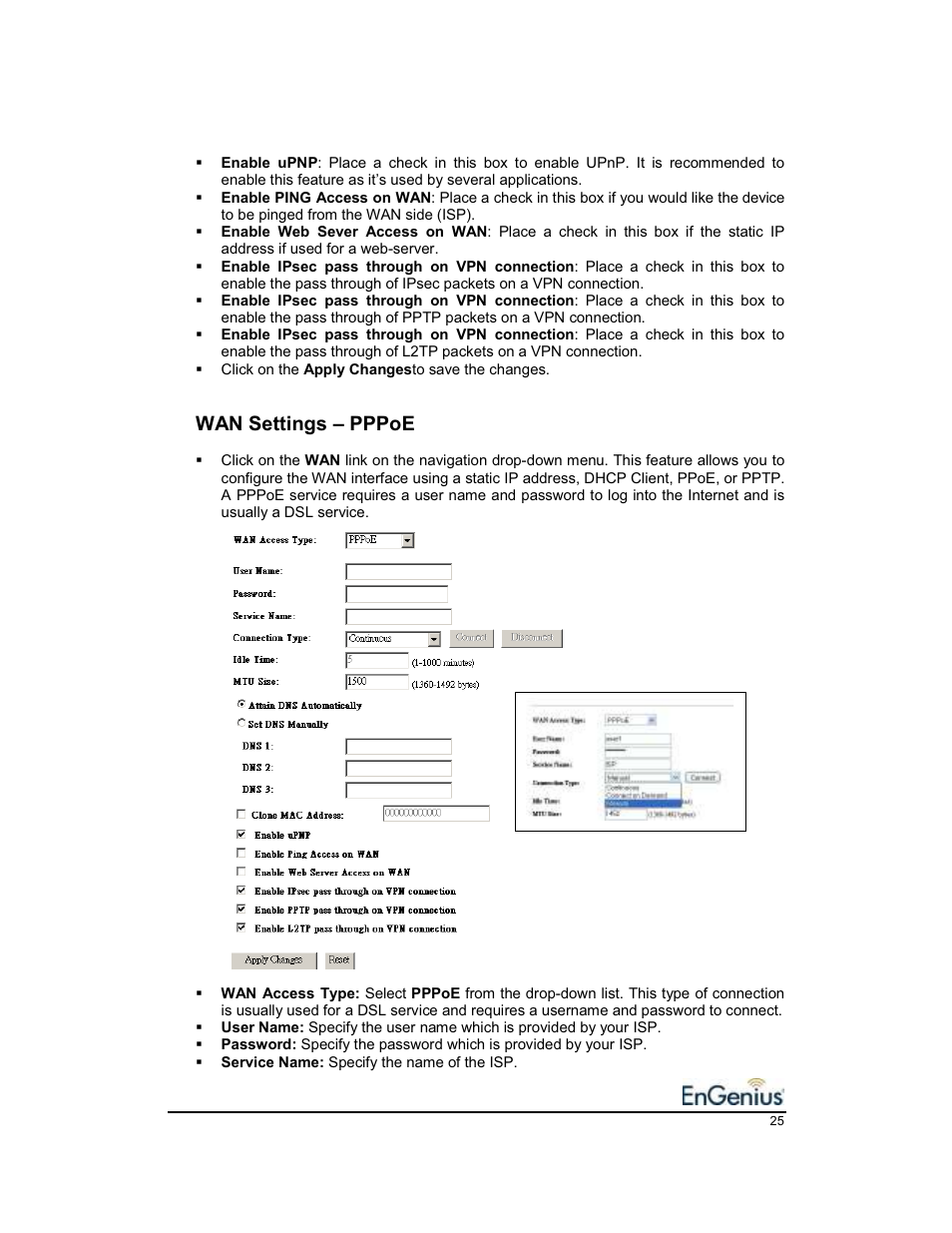 Wan settings – pppoe | EnGenius Technologies EnGenius 11b/g Wireless SOHO Router 1.2 User Manual | Page 25 / 47