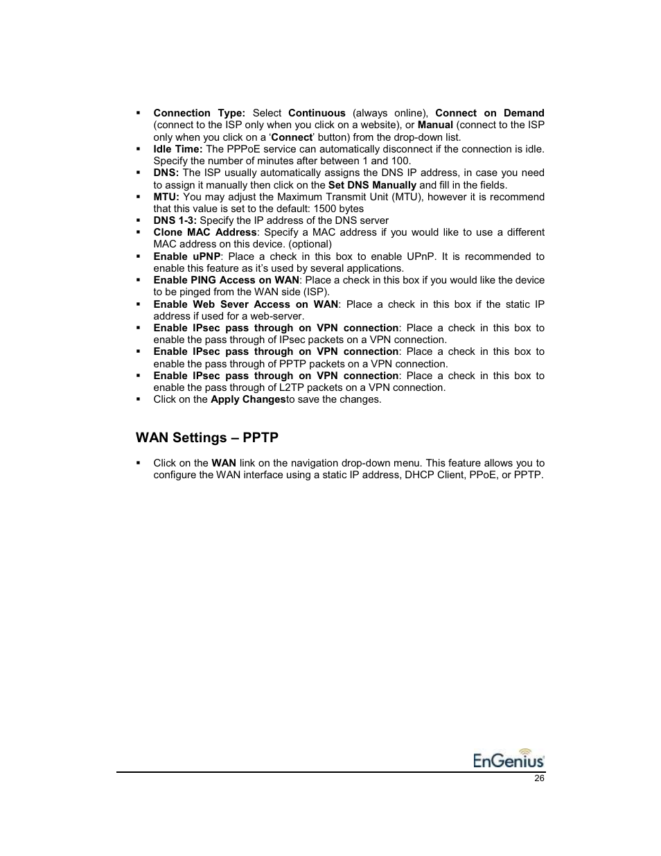 Wan settings – pptp | EnGenius Technologies EnGenius 11b/g Wireless SOHO Router 1.2 User Manual | Page 26 / 47