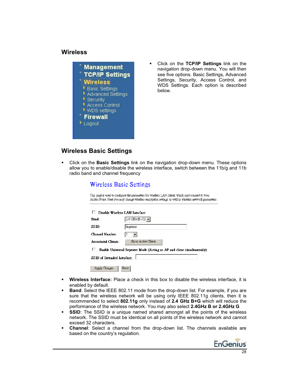 Wireless, Wireless basic settings | EnGenius Technologies EnGenius 11b/g Wireless SOHO Router 1.2 User Manual | Page 28 / 47